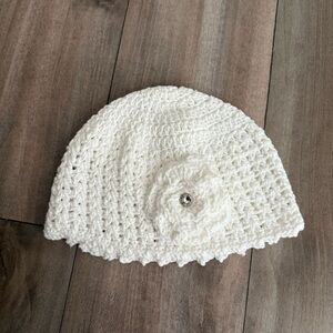 Hand knit women’s crochet flower beanie hat white